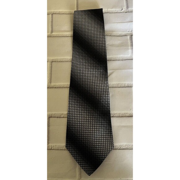 Conte di Milano Men's Striped/Checkered Necktie 100% Imported Silk Black Grey - Picture 1 of 5
